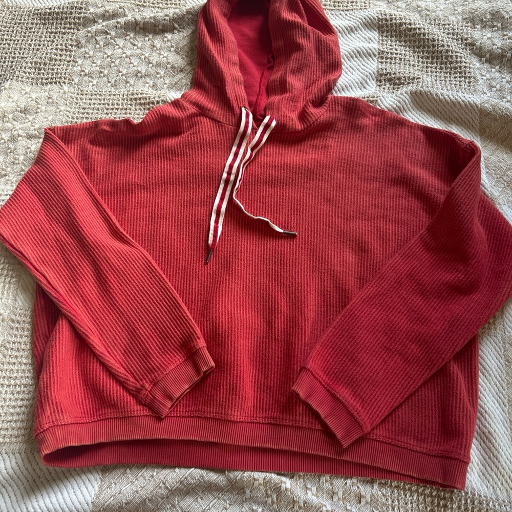 Aerie Red Ribbed Cropped Hooded Sweatshirt Womens sm 100% cotton